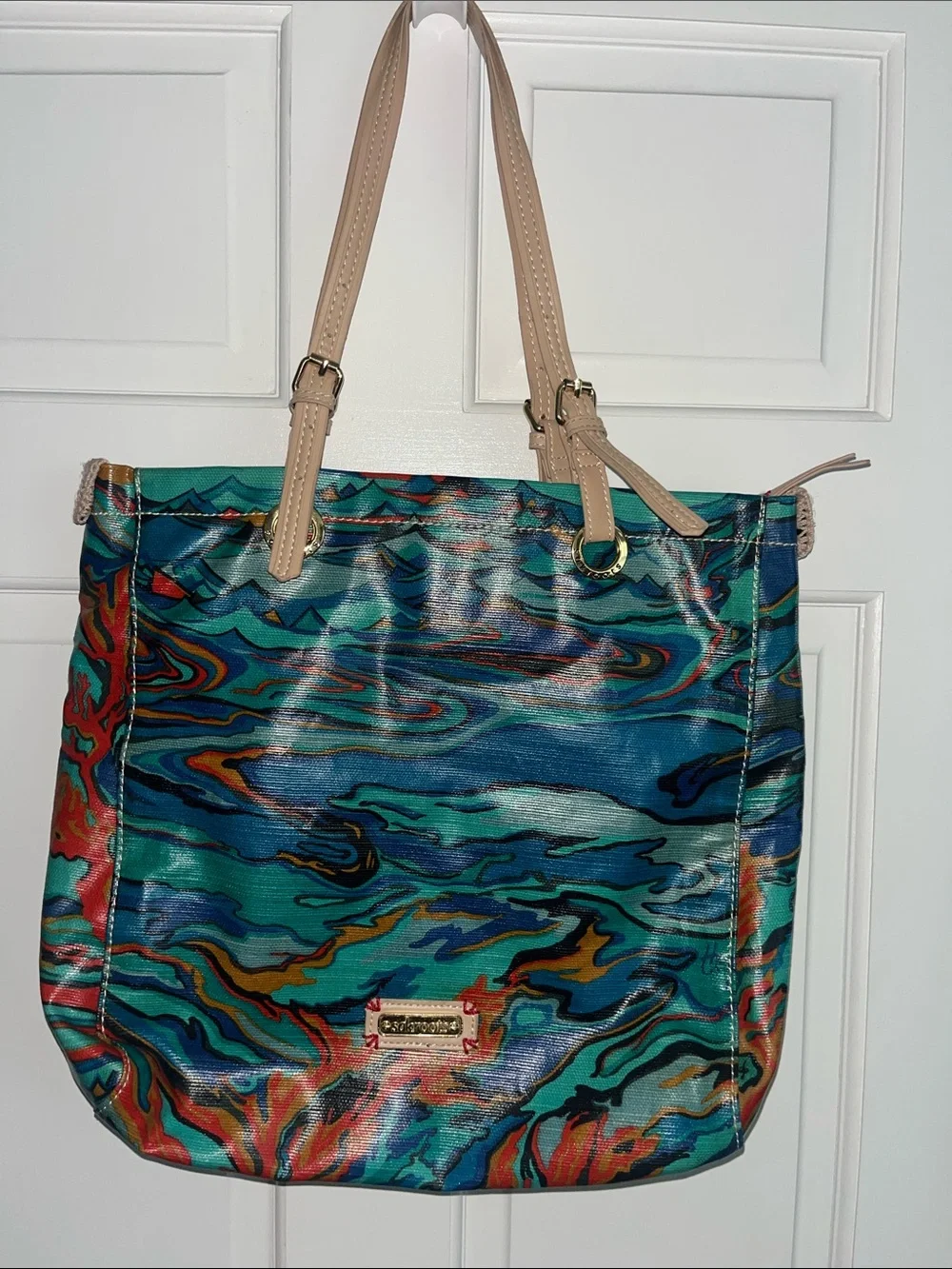 Sakroots Multicolor Swirl Pattern Tote Bag with Beige Handles